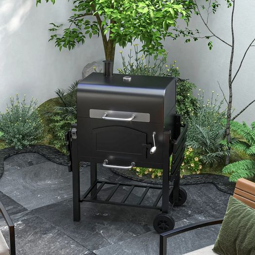 Charcoal Barbecue Grill Trolley Garden Smoker with Shelves, Adjustable Height, Thermometer on Lid, Opener and Wheels