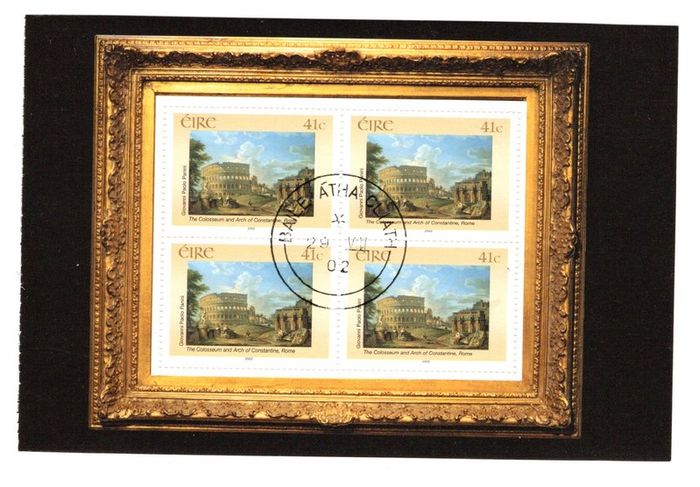 2002 Ireland 140th Anniversary of National Gallery of Ireland 1st Issue Commemorative Stamp Booklet Pane "The Colosseum and Arch of Constantine Rome" by Giovanni Paolo Panini, Used with Dublin steele cancel