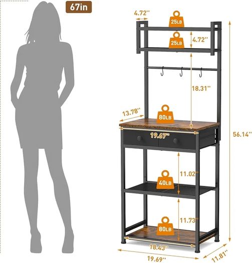 Coffee Bar Station, 6-Tier Coffee Stand with Storage and Drawers, Kitchen Corner Bakers Rack Microwave Stand with Metal Wire Panel & Hooks, Utility Storage Shelf for Small Spaces, Living Room