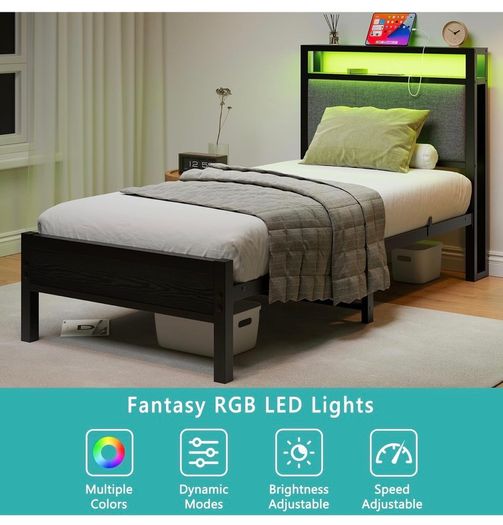 3FT Single Bed Frame with Storage Headboard, Black Metal Single Bed with Upholstered Headboard, LED Lights and Charging Station, Heavy Duty Metal Slats Support,Easy Assembly