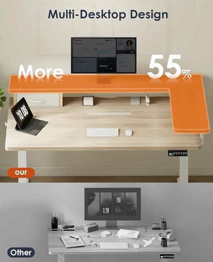 Standing Desk with Drawers, ONE PIECE 120cm Height Adjustable Desk, Electric Standing Desk with Monitor Stand, Sit Stand Desk with USB Port, Ergonomic Computer Table for Home Office, Beige