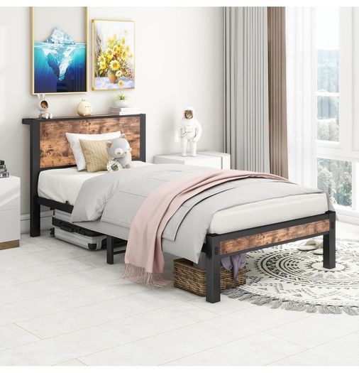 Single Bed Frame with Wood Storage Headboard, 90 x190 cm, Brown 3ft Metal Bed Frame Single for Adults Kids, Mattress Base, Underbed Storage, No Box Spring Needed