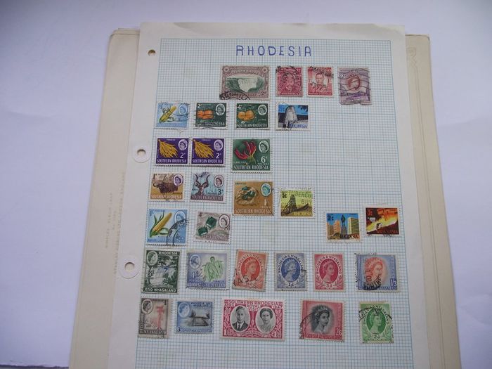 A collection of stamps from Northern Rhodesia, Southern Rhodesia, Rhodesia, South Africa and Nyasaland on loose pages