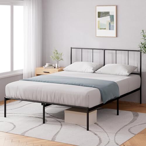 Double Bed Frame with Headboard - 4ft6 (135 x 190 cm) - 14'' Height - Metal Bed Base with Steel Slat Support - Storage Space Underneath - Modern Design - Easy Assembly - Black