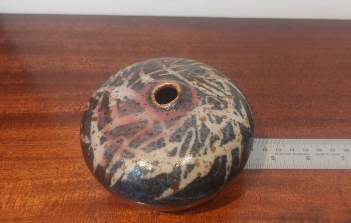 Fabulous Vintage Small Hand-Thrown Art Pottery Pebble Shaped Vase with Lovely Abstract Glaze Pattern in Blacks, Whites, Pinky-Red with Gold Flakes, Hand Made, But Unknown Maker, Circa 1975