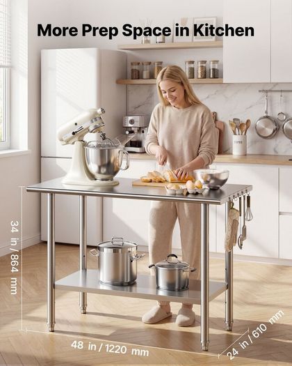Stainless Steel Food Prep Table Workstation with Adjustable Undershelf  6 x 122 cm