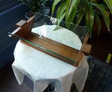 Art Deco Solid Oak Book Trough with Glass Sides and Reeded Detail. Boat-Shaped Double-Sided Bookstand, c1930s