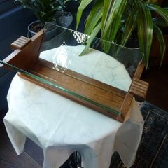 Art Deco Solid Oak Book Trough with Glass Sides and Reeded Detail. Boat-Shaped Double-Sided Bookstand, c1930s