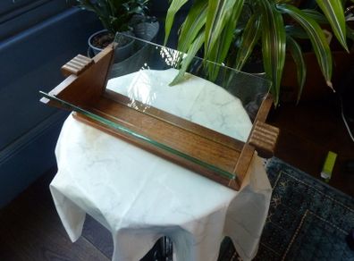 Art Deco Solid Oak Book Trough with Glass Sides and Reeded Detail. Boat-Shaped Double-Sided Bookstand, c1930s