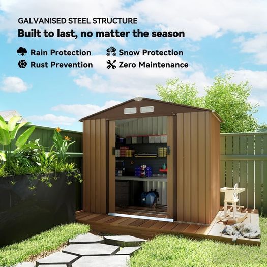 Outdoor Storage Shed, 7ft x 4ft, Large Patio Roofed Tool Metal Storage Building Foundation Sheds Box Outdoor Furniture