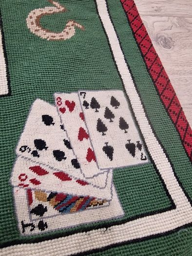 Vintage Needlepoint Poker / Card Game Table Cover | Green Casino Style Playing Card Mat