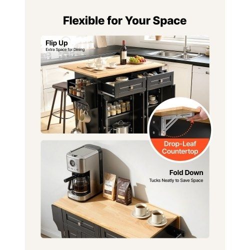 Kitchen Island Cart, 43" Wood Top Mobile Carts with Storage Cabinet, Rolling Table with Drop Leaf, Spice Rack, Towel Bar, Adjustable Shelf, Drawer, and Hooks, Portable Islands on Wheels, Black