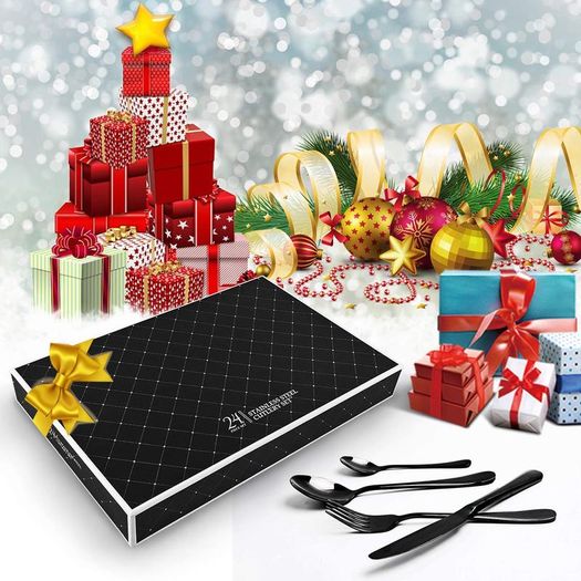 Cutlery Set, Black or Rainbow 24 Piece Stainless Steel Flatware Set, Silverware Dinnerware Set Service for 6, Tableware Cutlery Include Knife/Fork/Spoon/Teaspoon for Home with Gift Box