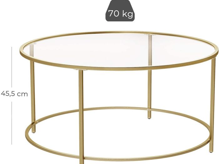 Coffee table, side table round, glass table with metal frame, tempered glass, bedside table, sofa table, for balcony, golden