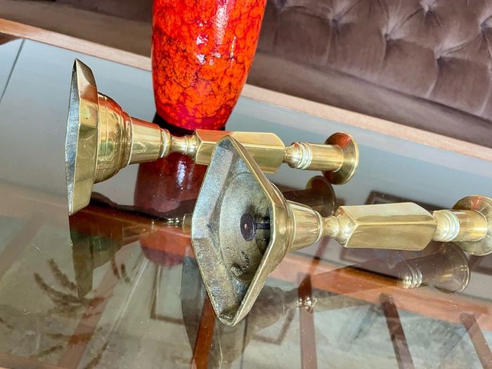 Pair Gun Barrel Deco Era Brass Candlesticks Early 20th Century
