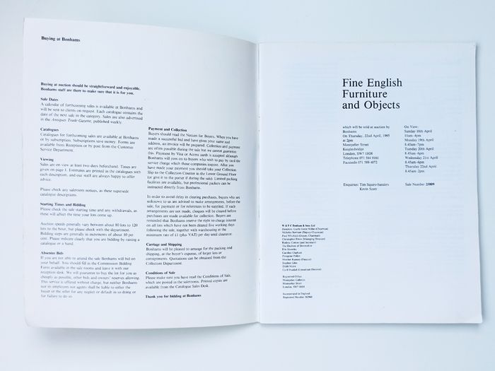 Vintage Bonhams auction catalog  "Fine English Furniture and Objects"  22nd  April 1993