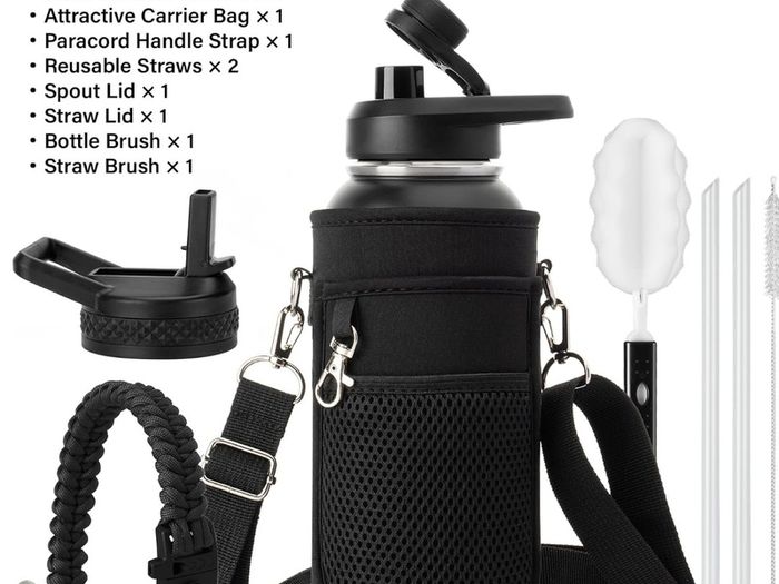 Insulated Water Bottle | Thickened Stainless Steel Vacuum Metal Thermos | Portable Sports Water Jug for Gym and Hiking with Straw, Carrier Bag, Handle Strap | BPA-Free 32 oz, Black