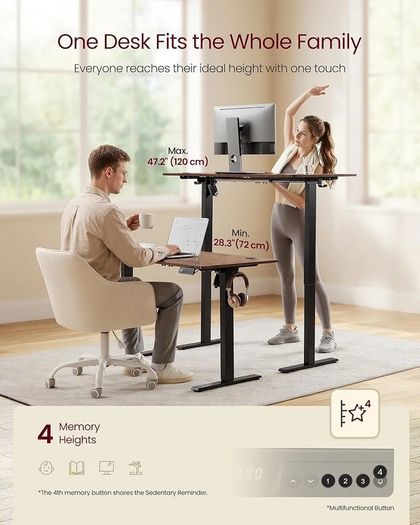 Electric Standing Desk, Height Adjustable Desk, Sedentary Reminder, 4 Memory Heights, for Home Office, 120 x 60 cm, Rustic Brown