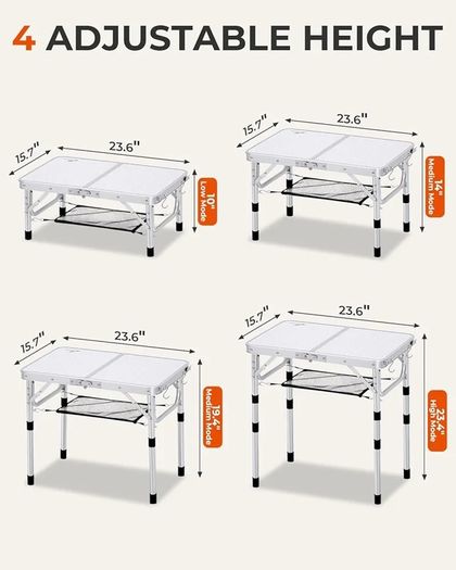 Adjustable Height Small Folding Table Portable Camp Tables (23.6" L x 15.7" W (2 Height)) with Mesh Layer for Outdoor Camp Garden Picnic BBQ Dining Cooking
