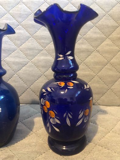 Czech Crystalex Cobalt Blue Vase Hand Painted White Flowers Vintage