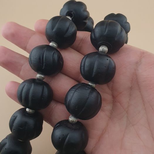 Antique African Style Dark Black Melon Shape Glass Beads Necklace