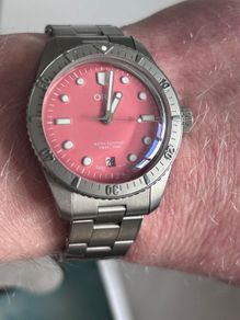 Oris Diver 65 cotton candy pink dial watch