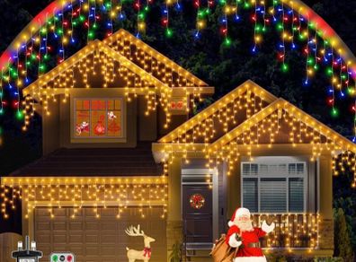 Christmas Icicle Lights Outdoor - Christmas Tree Light Decorations 7.5M 306 LED String Fairy Light Mains Powered Warm White 11 Modes Multicolour Waterproof with Remote Timer for Outside Window (FREE POSTAGE)