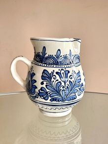 Vintage Blue & Cream Pottery Water Pitcher Jug, Korond, Transylvania