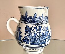 Vintage Blue & Cream Pottery Water Pitcher Jug, Korond, Transylvania