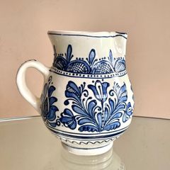 Vintage Blue & Cream Pottery Water Pitcher Jug, Korond, Transylvania