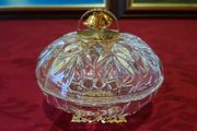 Killarney Crystal Cut Crystal Glass Congratulations On Your Wedding Lidded Jewelry Dish / Bowl With 22 Carat Gold Cover Handle and Footed Base Finishing Made In I