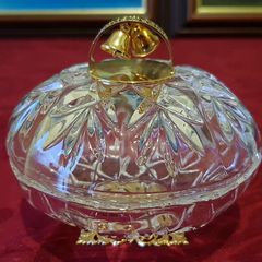 Killarney Crystal Cut Crystal Glass Congratulations On Your Wedding Lidded Jewelry Dish / Bowl With 22 Carat Gold Cover Handle and Footed Base Finishing Made In I