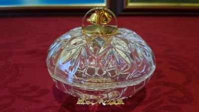 Killarney Crystal Cut Crystal Glass Congratulations On Your Wedding Lidded Jewelry Dish / Bowl With 22 Carat Gold Cover Handle and Footed Base Finishing Made In I