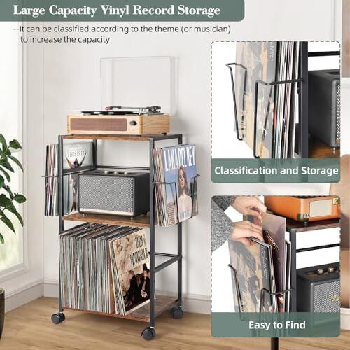 Rolling Record Player Stand with Vinyl Storage for 150 Albums Turntable Side Table Cart with 2 Display Shelves
