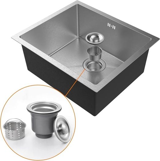 Stainless Steel Kitchen Sink, 50 x 43cm, Undermount Kitchen Sink Drop in, Topmount Single Bowl Outdoor Campervan Sink with Drainer Fittings, Silver