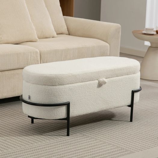 Storage stool, seat stool with lid and storage, steel legs, padded stool with fleece cover, Cream White