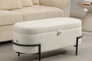 Storage stool, seat stool with lid and storage, steel legs, padded stool with fleece cover, Cream White