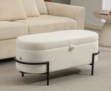Storage stool, seat stool with lid and storage, steel legs, padded stool with fleece cover, Cream White