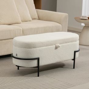 Storage stool, seat stool with lid and storage, steel legs, padded stool with fleece cover, Cream White