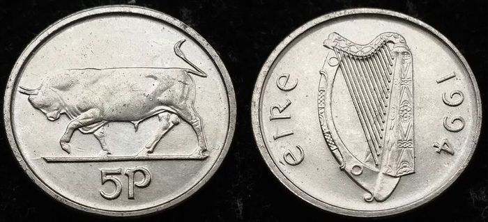 [#2092] - Ireland 1994 | Irish 5 Pence | Bull | KM.28 | UNC
