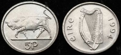 [#2092] - Ireland 1994 | Irish 5 Pence | Bull | KM.28 | UNC