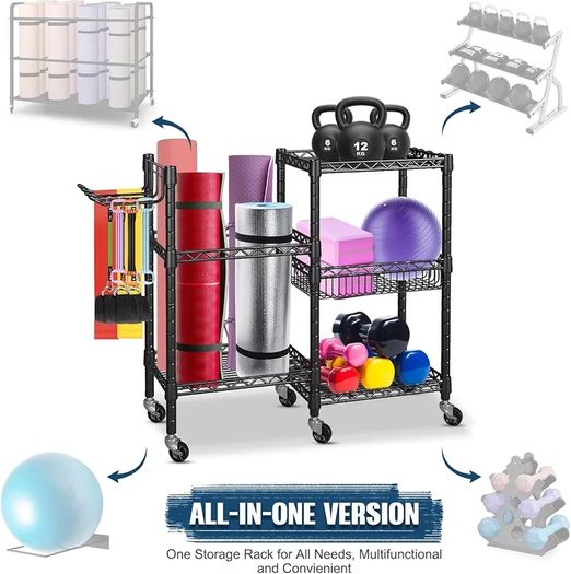 3-Tier Heavy Duty Carbon Steel Gym Storage Rack with Lockable Wheels  Hooks  Fitness Organizer for Dumbbells, Yoga Mats, Kettlebells  Resistance Bands 120KG Load for Home Gym