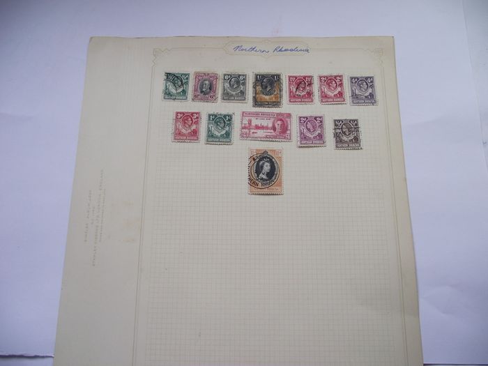 A collection of stamps from Northern Rhodesia, Southern Rhodesia, Rhodesia, South Africa and Nyasaland on loose pages