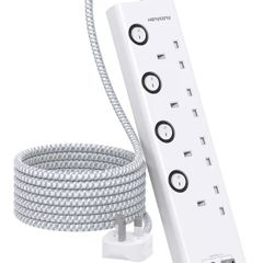 Lead with USB Slots 2 USB C HANYCONY 4 Way Plug Extension Socket with Individual Switches, 1.8M Extension Cable, Wall Mount Extension Cord, Desk Power Strip for Bedroom Office Accessories