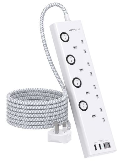 Lead with USB Slots 2 USB C HANYCONY 4 Way Plug Extension Socket with Individual Switches, 1.8M Extension Cable, Wall Mount Extension Cord, Desk Power Strip for Bedroom Office Accessories