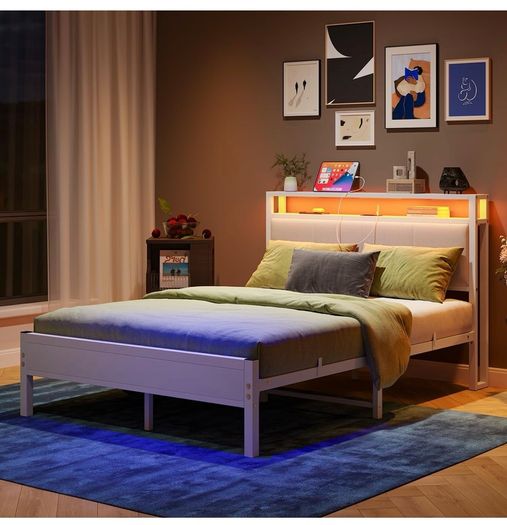 4FT6 Double Bed Frame with LED Lights and Charging Station, Heavy Duty Metal Platform Upholstered Bed frame with Storage Fabric Headboard,Metal Slats Support,Mattress Foundation (White)