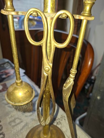 A Vintage Brass Fireplace Companion set, a Brush, Tongs, Shovel and Poker suspended on a stand, Postage available or Collection