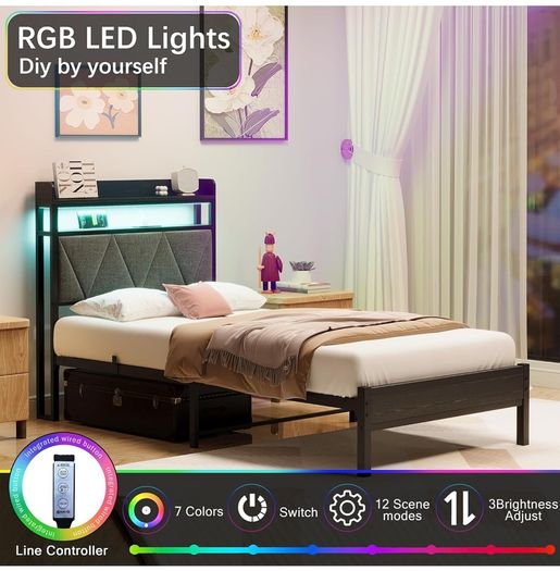 Single Bed Frames with 3ft Upholstered Wooden Two shelf Storage Headboard, Charging Station,LED Lights