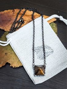 Stunning Tigers Eye Pyramid Power Pendant Crystal with soft soldered details pendant Belcher Chain necklace