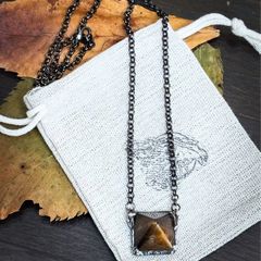 Stunning Tigers Eye Pyramid Power Pendant Crystal with soft soldered details pendant Belcher Chain necklace